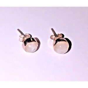 Minimalist Moonstone Stud Earrings 925 Sterling Silver Round Bezel Set Boho